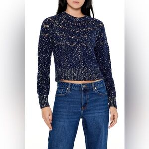NWT Forever 21 Navy Blue Cropped Sweater With Gold Yarn Detail